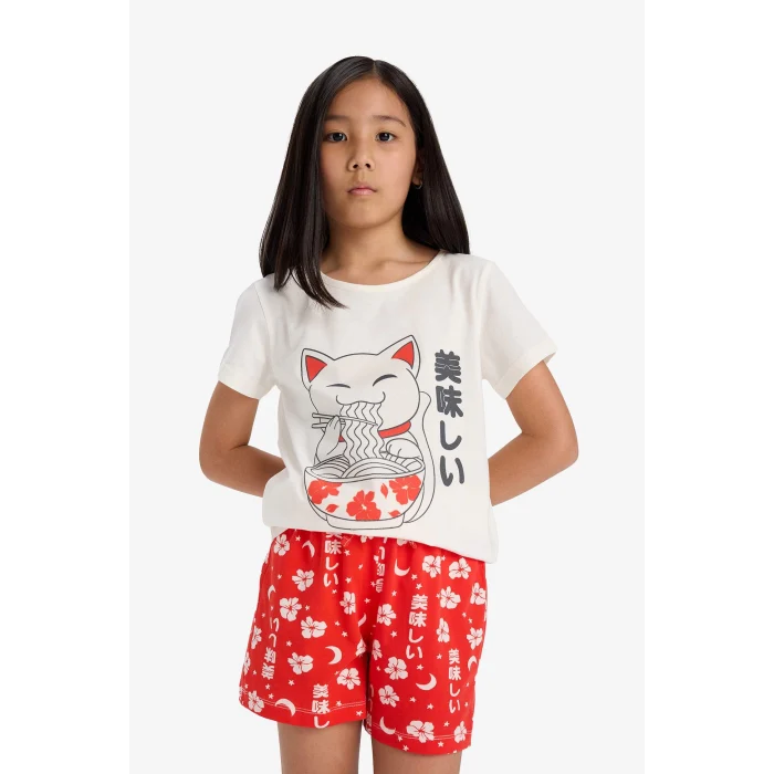 Defacto E0530 Ekru Kız Çocuk Pijama Takımı Baskılı Kısa Kollu Üst Desenli Şort