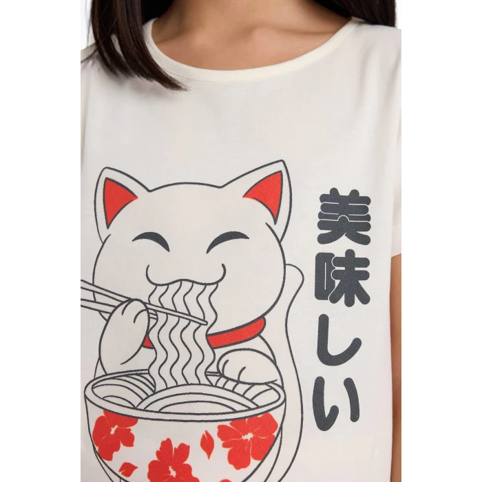 Defacto E0530 Ekru Kız Çocuk Pijama Takımı Baskılı Kısa Kollu Üst Desenli Şort