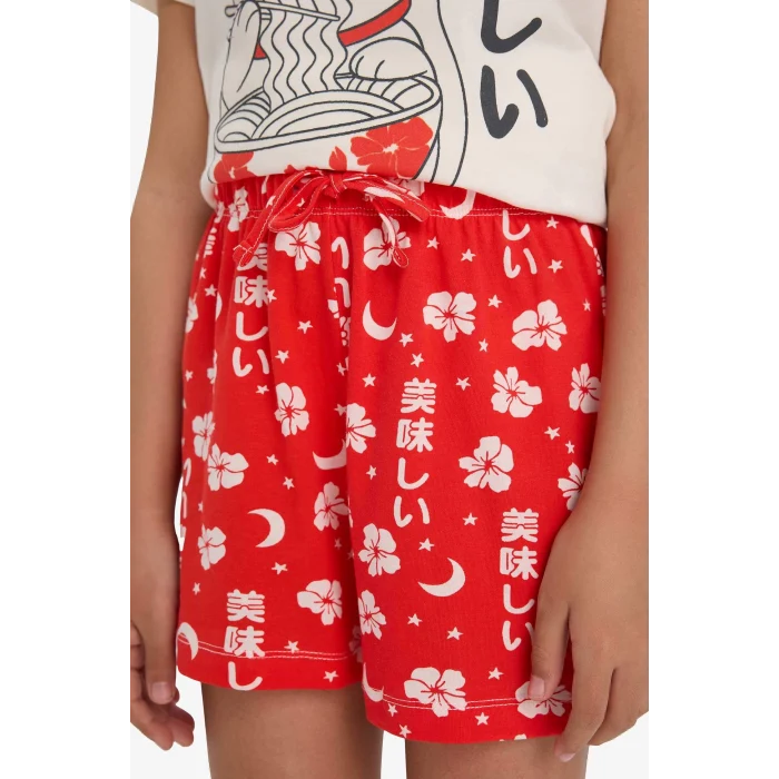 Defacto E0530 Ekru Kız Çocuk Pijama Takımı Baskılı Kısa Kollu Üst Desenli Şort