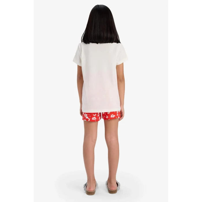 Defacto E0530 Ekru Kız Çocuk Pijama Takımı Baskılı Kısa Kollu Üst Desenli Şort