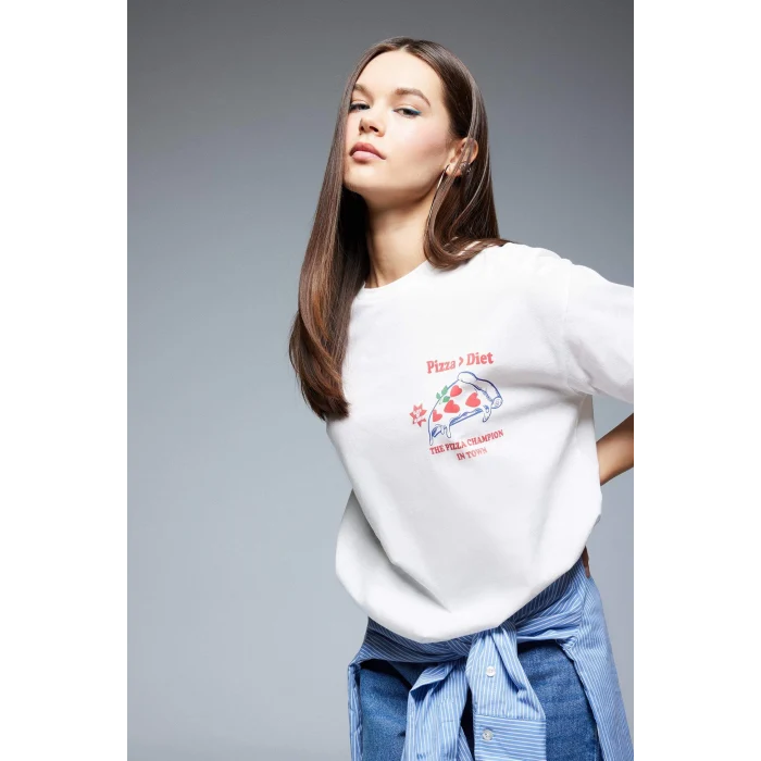 Defacto F2646 Ekru Coool Oversize Geniş Kalıp Bisiklet Yaka Sırt Baskılı Kısa Kollu Tişört