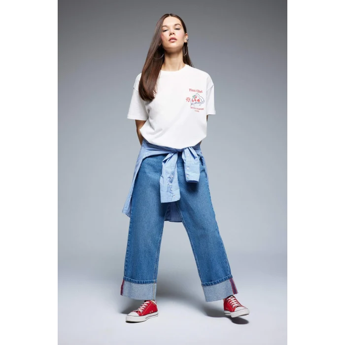 Defacto F2646 Ekru Coool Oversize Geniş Kalıp Bisiklet Yaka Sırt Baskılı Kısa Kollu Tişört