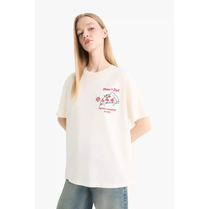 Defacto F2646 Ekru Coool Oversize Geniş Kalıp Bisiklet Yaka Sırt Baskılı Kısa Kollu Tişört