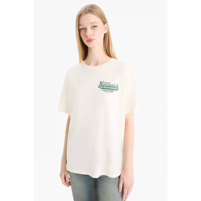 Defacto F2645 Ekru Coool Oversize Geniş Kalıp Bisiklet Yaka Sırt Baskılı Kısa Kollu Tişört