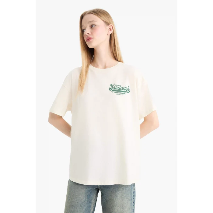 Defacto F2645 Ekru Coool Oversize Geniş Kalıp Bisiklet Yaka Sırt Baskılı Kısa Kollu Tişört