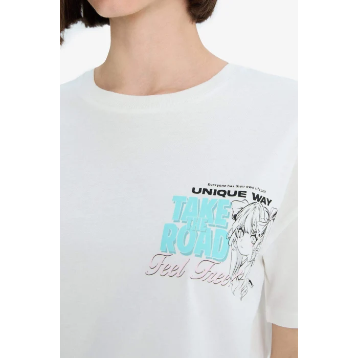 Defacto F2241 Beyaz Coool Oversize Geniş Kalıp Bisiklet Yaka Baskılı Kısa Kollu Tişört