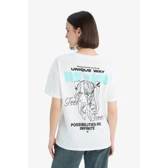 Defacto F2241 Beyaz Coool Oversize Geniş Kalıp Bisiklet Yaka Baskılı Kısa Kollu Tişört