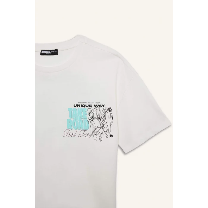 Defacto F2241 Beyaz Coool Oversize Geniş Kalıp Bisiklet Yaka Baskılı Kısa Kollu Tişört