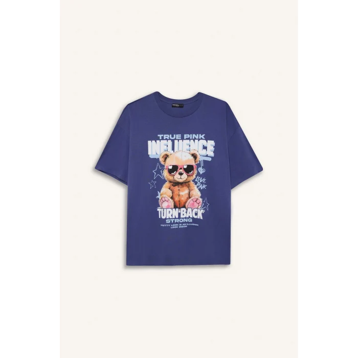 Defacto E0672 Mor Coool Oversize Geniş Kalıp Bisiklet Yaka Baskılı Kısa Kollu Tişört