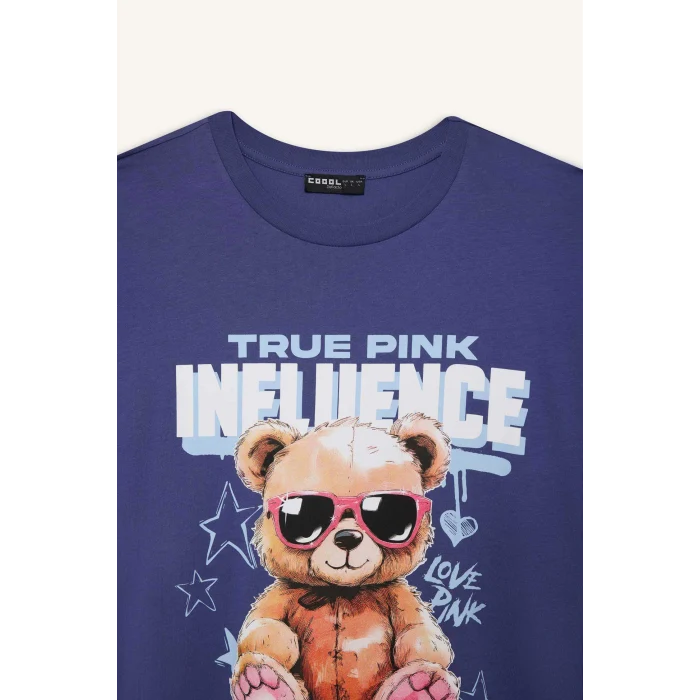 Defacto E0672 Mor Coool Oversize Geniş Kalıp Bisiklet Yaka Baskılı Kısa Kollu Tişört