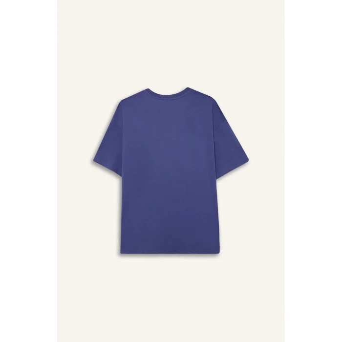 Defacto E0672 Mor Coool Oversize Geniş Kalıp Bisiklet Yaka Baskılı Kısa Kollu Tişört