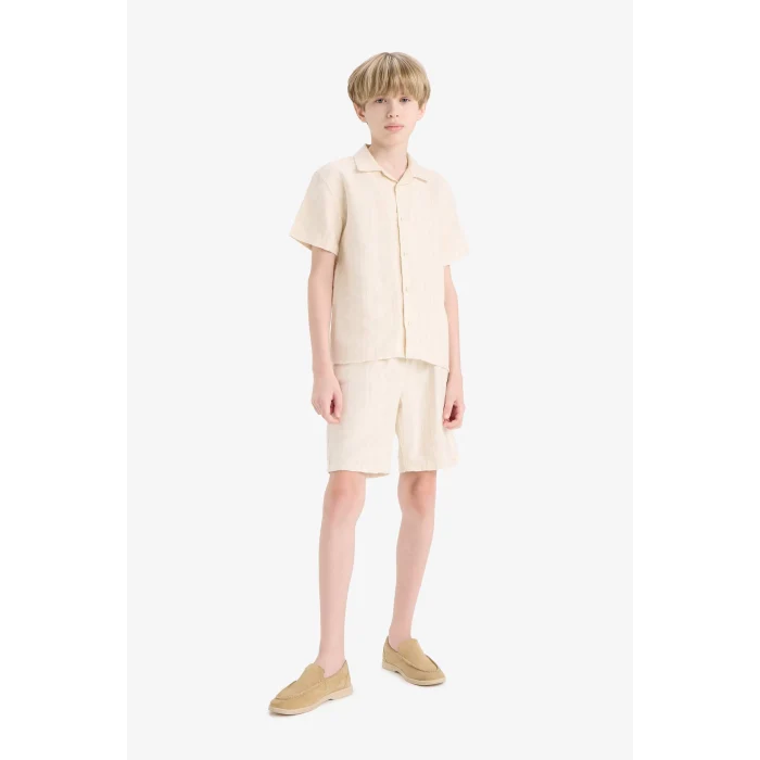 Defacto E5831 Bej Erkek Çocuk Oversize Geniş Kalıp Polo Yaka Kısa Kollu Gömlek