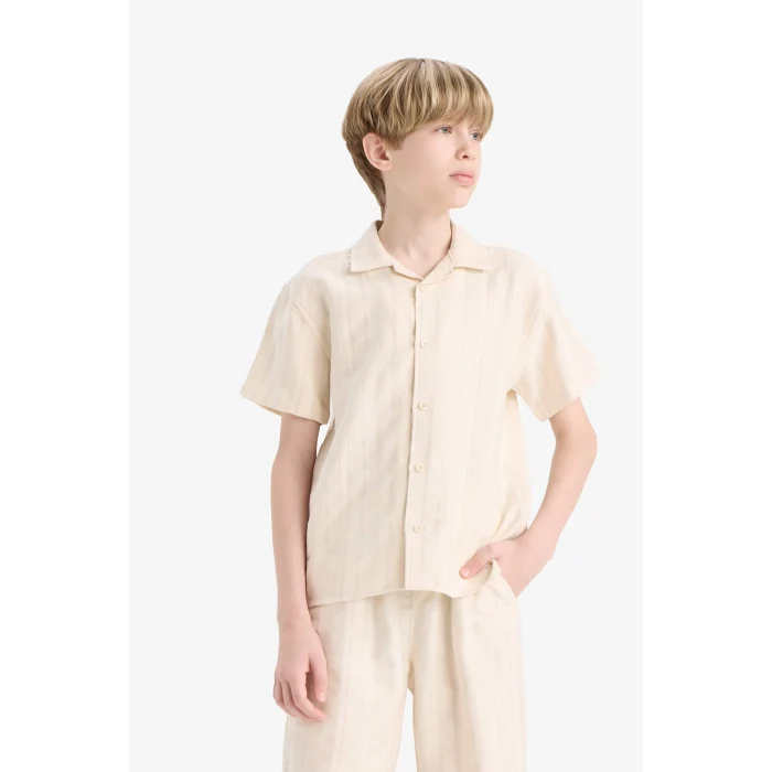 Defacto E5831 Bej Erkek Çocuk Oversize Geniş Kalıp Polo Yaka Kısa Kollu Gömlek