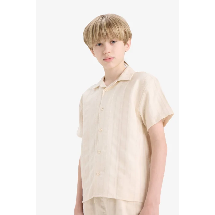 Defacto E5831 Bej Erkek Çocuk Oversize Geniş Kalıp Polo Yaka Kısa Kollu Gömlek