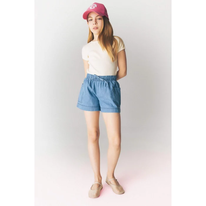 Defacto B6574 Mavi Kız Çocuk Beli Lastikli Cepli Jean Şort
