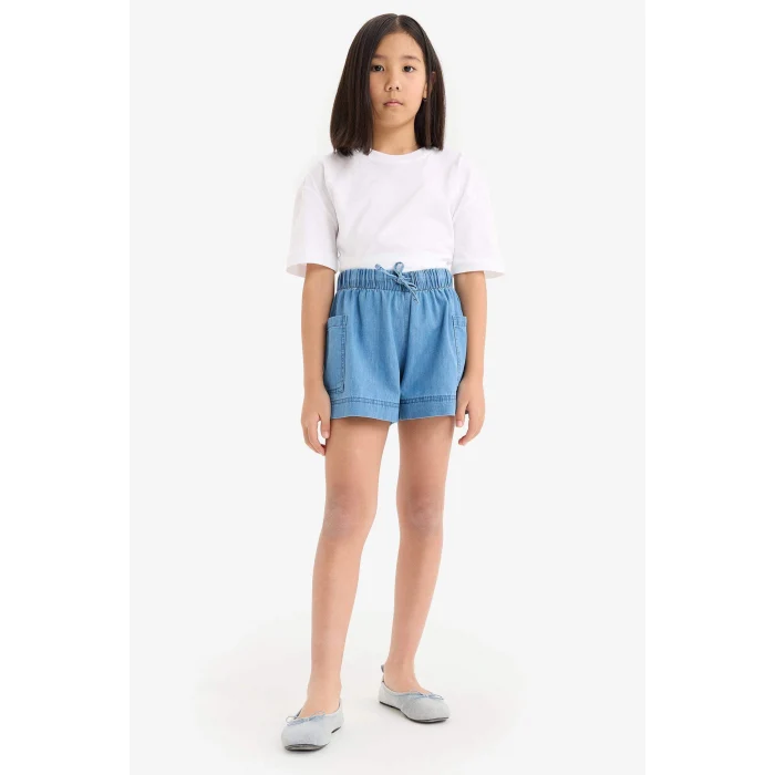 Defacto B6574 Mavi Kız Çocuk Beli Lastikli Cepli Jean Şort