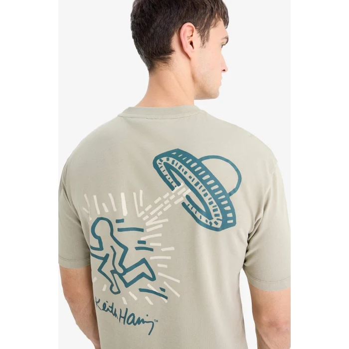 Defacto E3256 Haki %100 Pamuk  Haring Boxy Fit Bisiklet Yaka Sırt Baskılı Kısa Kollu Tişört