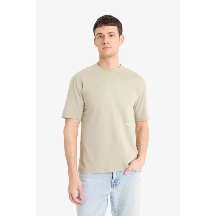 Defacto E3256 Haki %100 Pamuk  Haring Boxy Fit Bisiklet Yaka Sırt Baskılı Kısa Kollu Tişört