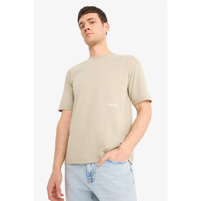 Defacto E3256 Haki %100 Pamuk  Haring Boxy Fit Bisiklet Yaka Sırt Baskılı Kısa Kollu Tişört