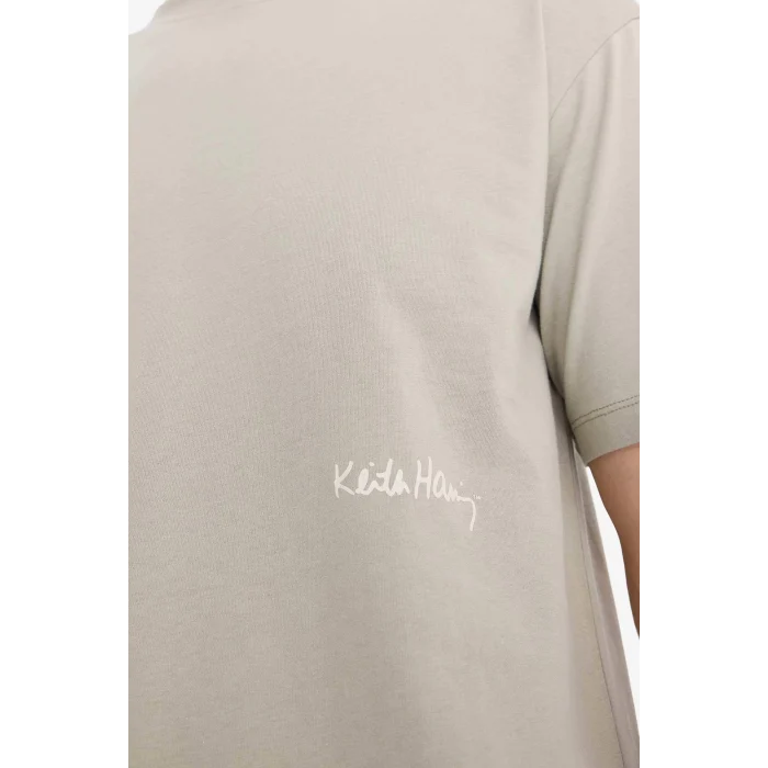 Defacto E3256 Haki %100 Pamuk  Haring Boxy Fit Bisiklet Yaka Sırt Baskılı Kısa Kollu Tişört