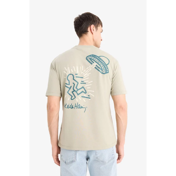 Defacto E3256 Haki %100 Pamuk  Haring Boxy Fit Bisiklet Yaka Sırt Baskılı Kısa Kollu Tişört