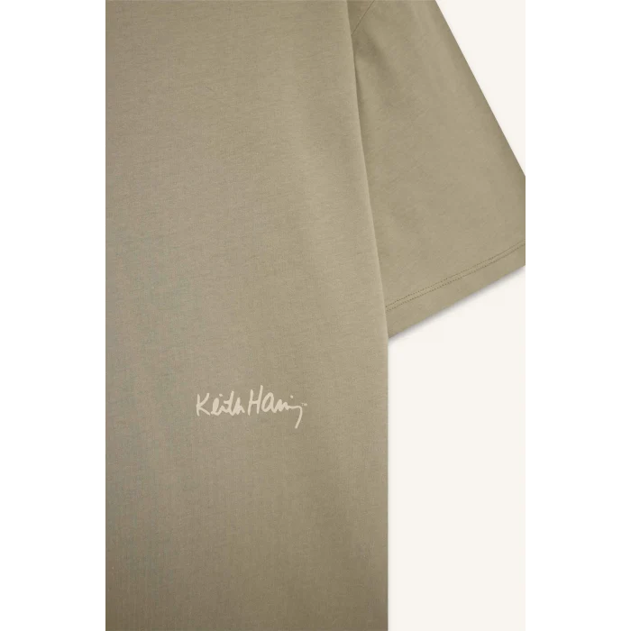 Defacto E3256 Haki %100 Pamuk  Haring Boxy Fit Bisiklet Yaka Sırt Baskılı Kısa Kollu Tişört