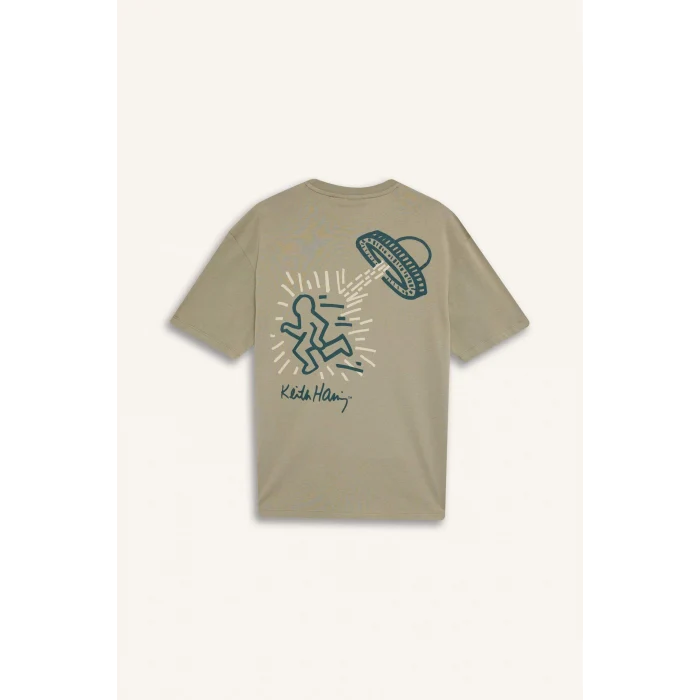 Defacto E3256 Haki %100 Pamuk  Haring Boxy Fit Bisiklet Yaka Sırt Baskılı Kısa Kollu Tişört