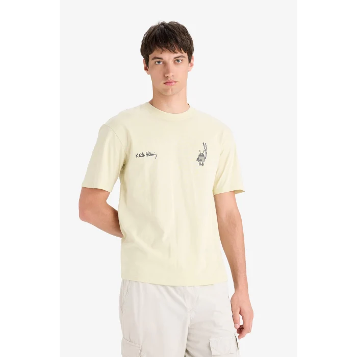 Defacto E3257 Ekru %100 Pamuk Keith Haring Boxy Fit Bisiklet Yaka Kısa Kollu Tişört