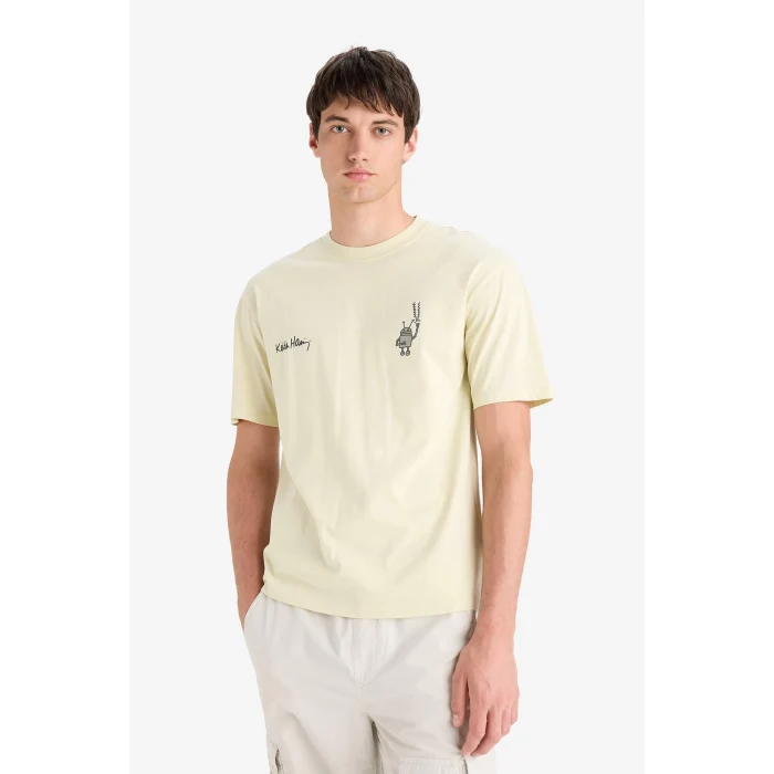 Defacto E3257 Ekru %100 Pamuk Keith Haring Boxy Fit Bisiklet Yaka Kısa Kollu Tişört