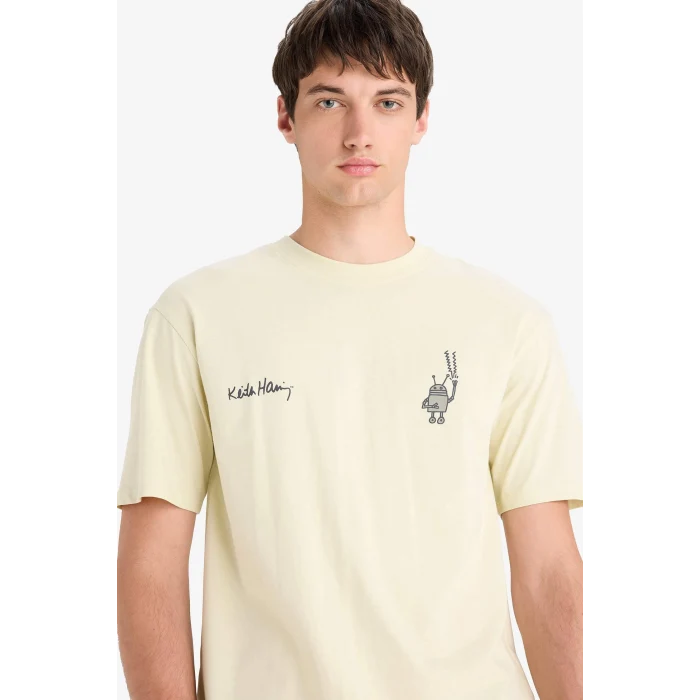 Defacto E3257 Ekru %100 Pamuk Keith Haring Boxy Fit Bisiklet Yaka Kısa Kollu Tişört