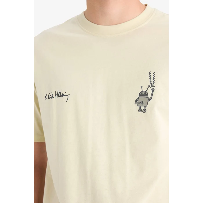 Defacto E3257 Ekru %100 Pamuk Keith Haring Boxy Fit Bisiklet Yaka Kısa Kollu Tişört