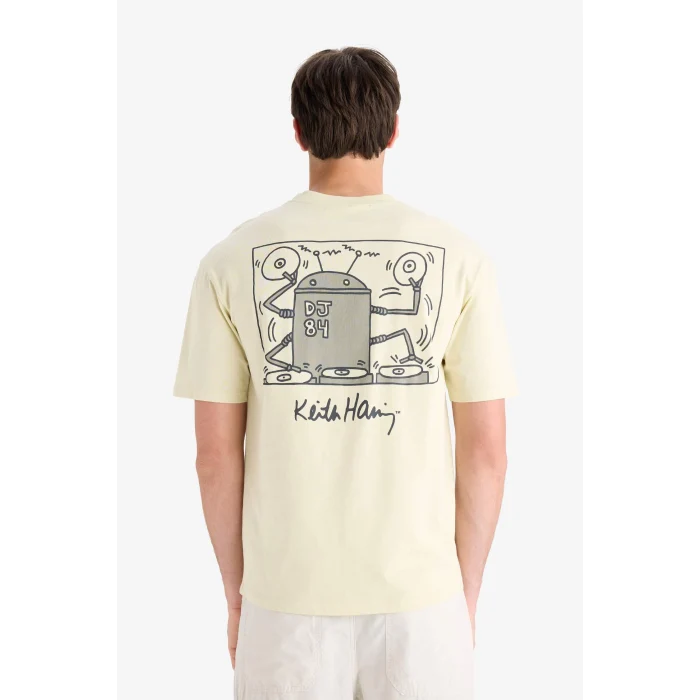 Defacto E3257 Ekru %100 Pamuk Keith Haring Boxy Fit Bisiklet Yaka Kısa Kollu Tişört