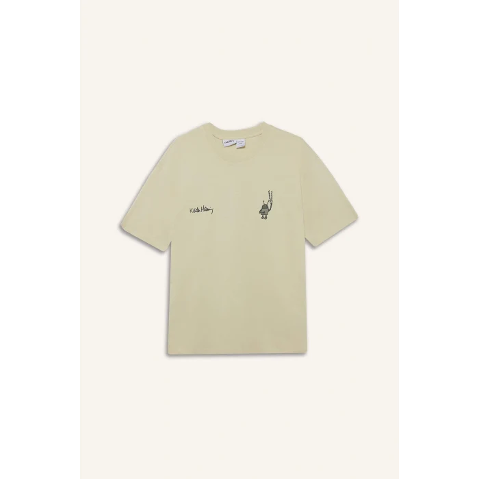 Defacto E3257 Ekru %100 Pamuk Keith Haring Boxy Fit Bisiklet Yaka Kısa Kollu Tişört