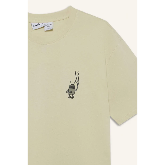 Defacto E3257 Ekru %100 Pamuk Keith Haring Boxy Fit Bisiklet Yaka Kısa Kollu Tişört