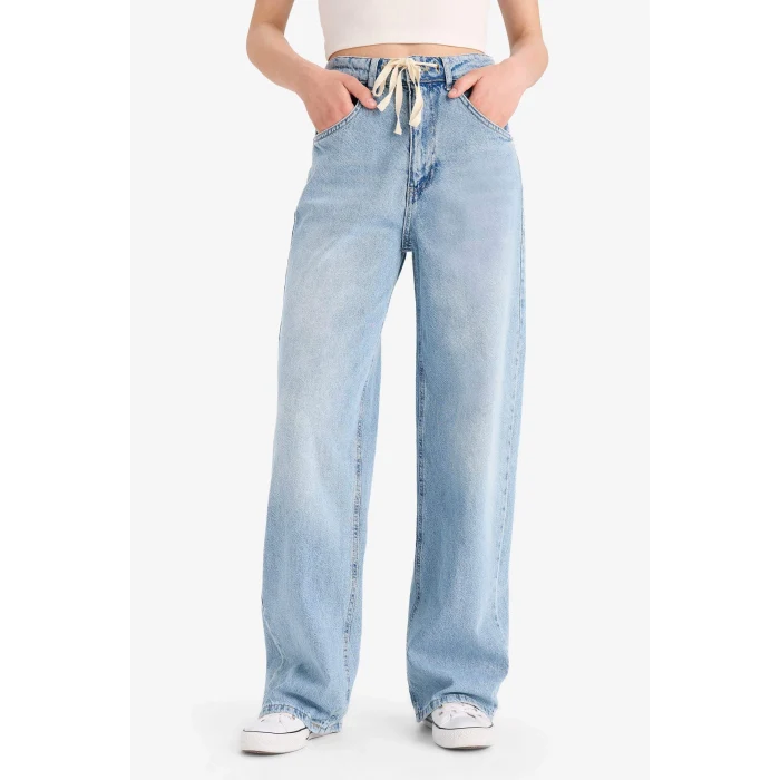 Defacto E8003 Mavi Wide Leg Bağcıklı Bel Uzun Jean Yıkamalı Pantolon