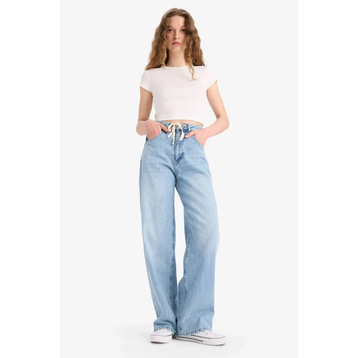 Defacto E8003 Mavi Wide Leg Bağcıklı Bel Uzun Jean Yıkamalı Pantolon