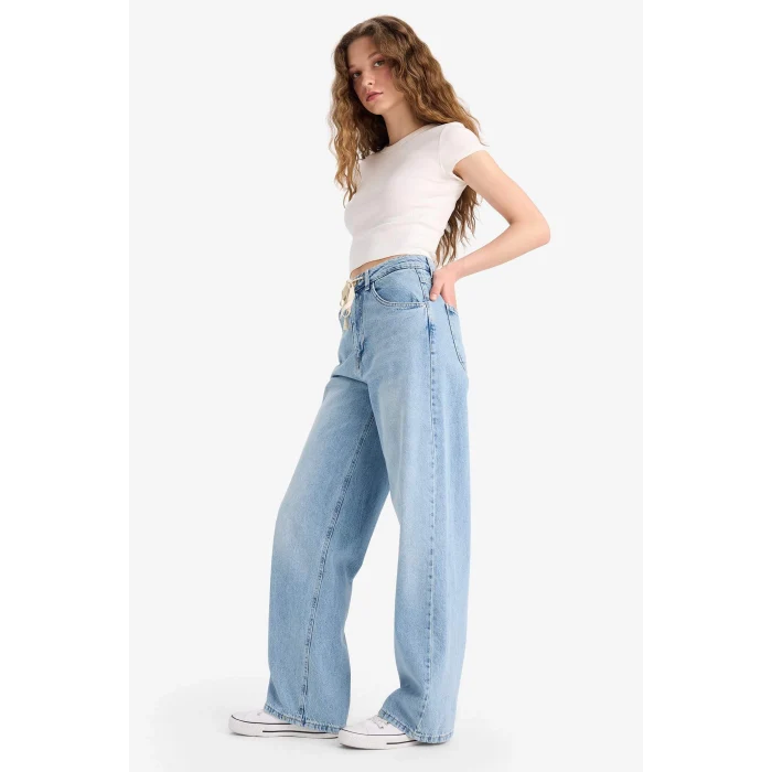 Defacto E8003 Mavi Wide Leg Bağcıklı Bel Uzun Jean Yıkamalı Pantolon