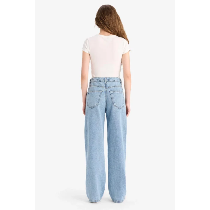 Defacto E8003 Mavi Wide Leg Bağcıklı Bel Uzun Jean Yıkamalı Pantolon