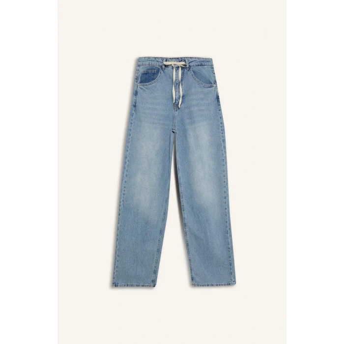 Defacto E8003 Mavi Wide Leg Bağcıklı Bel Uzun Jean Yıkamalı Pantolon