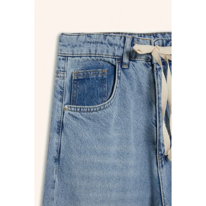 Defacto E8003 Mavi Wide Leg Bağcıklı Bel Uzun Jean Yıkamalı Pantolon