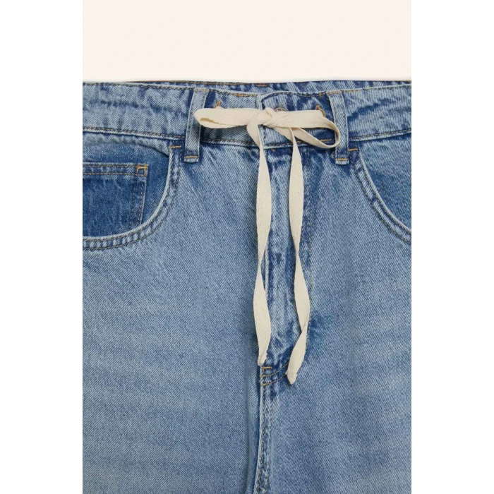 Defacto E8003 Mavi Wide Leg Bağcıklı Bel Uzun Jean Yıkamalı Pantolon