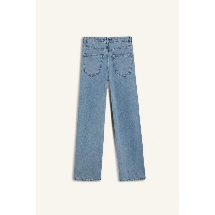 Defacto E8003 Mavi Wide Leg Bağcıklı Bel Uzun Jean Yıkamalı Pantolon