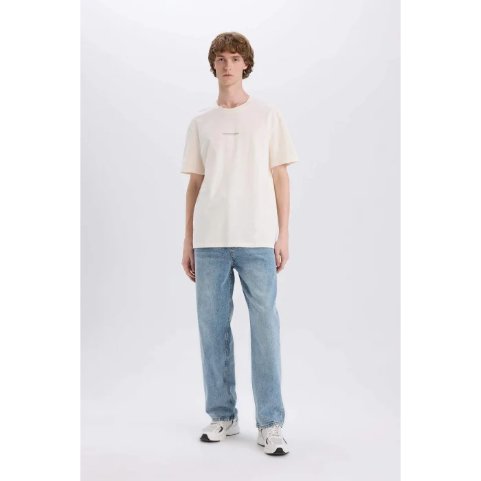 Defacto E3940 Ekru %100 Pamuk Regular Fit Bisiklet Yaka Baskılı Kısa Kollu Tişört