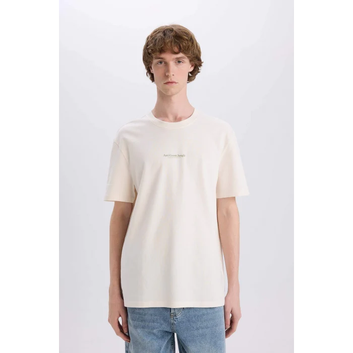 Defacto E3940 Ekru %100 Pamuk Regular Fit Bisiklet Yaka Baskılı Kısa Kollu Tişört