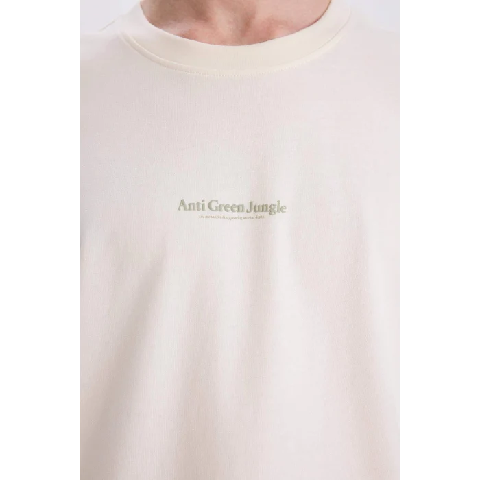 Defacto E3940 Ekru %100 Pamuk Regular Fit Bisiklet Yaka Baskılı Kısa Kollu Tişört