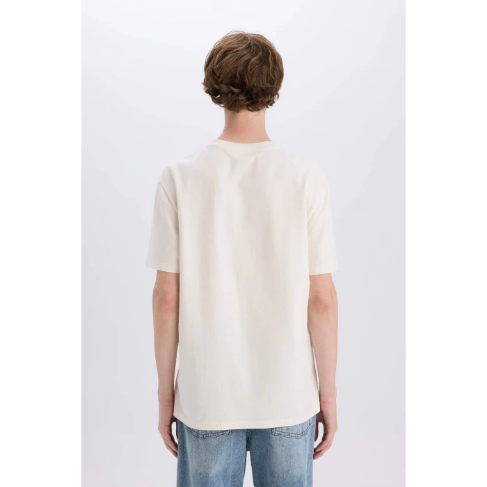 Defacto E3940 Ekru %100 Pamuk Regular Fit Bisiklet Yaka Baskılı Kısa Kollu Tişört