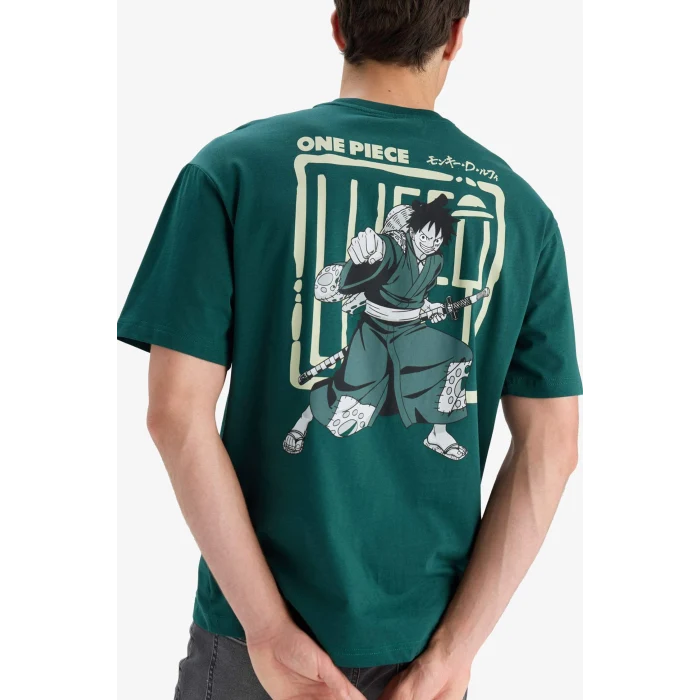 Defacto E3272 Yeşil %100 Pamuk One Piece Boxy Fit Bisiklet Yaka Baskılı Kısa Kollu Tişört