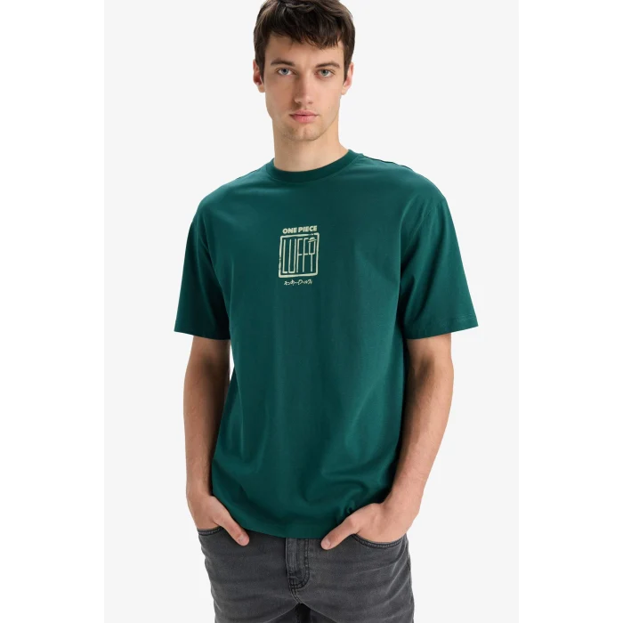 Defacto E3272 Yeşil %100 Pamuk One Piece Boxy Fit Bisiklet Yaka Baskılı Kısa Kollu Tişört