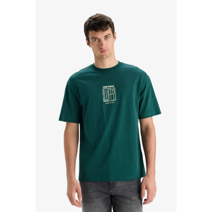 Defacto E3272 Yeşil %100 Pamuk One Piece Boxy Fit Bisiklet Yaka Baskılı Kısa Kollu Tişört