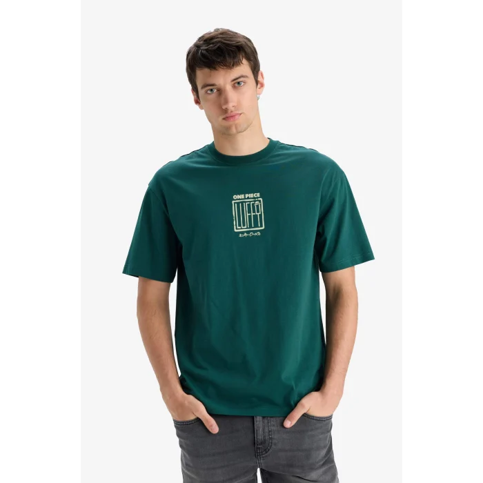 Defacto E3272 Yeşil %100 Pamuk One Piece Boxy Fit Bisiklet Yaka Baskılı Kısa Kollu Tişört